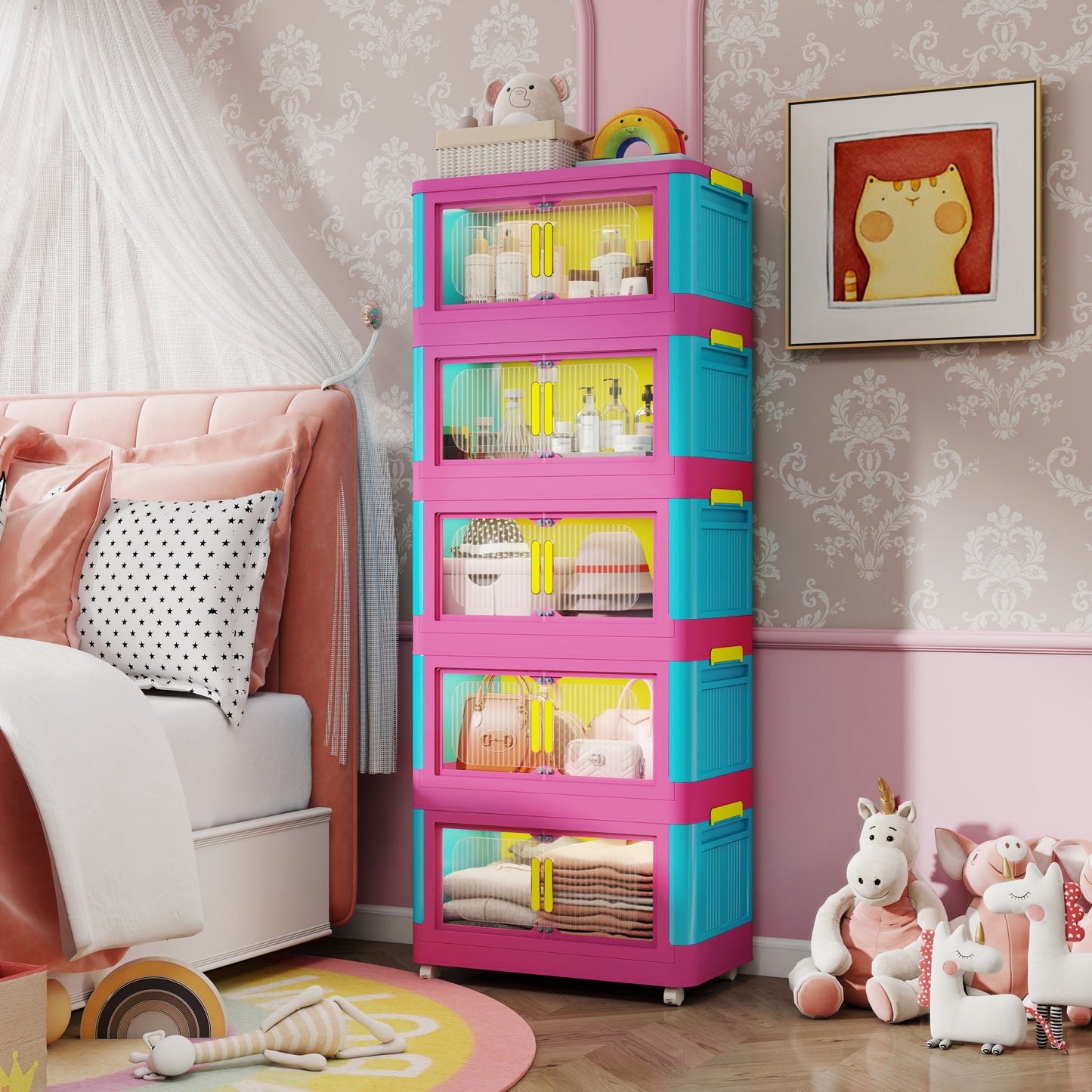 Folding Storage Cabinet With Magnetic Doors And Wheels Home Essentials