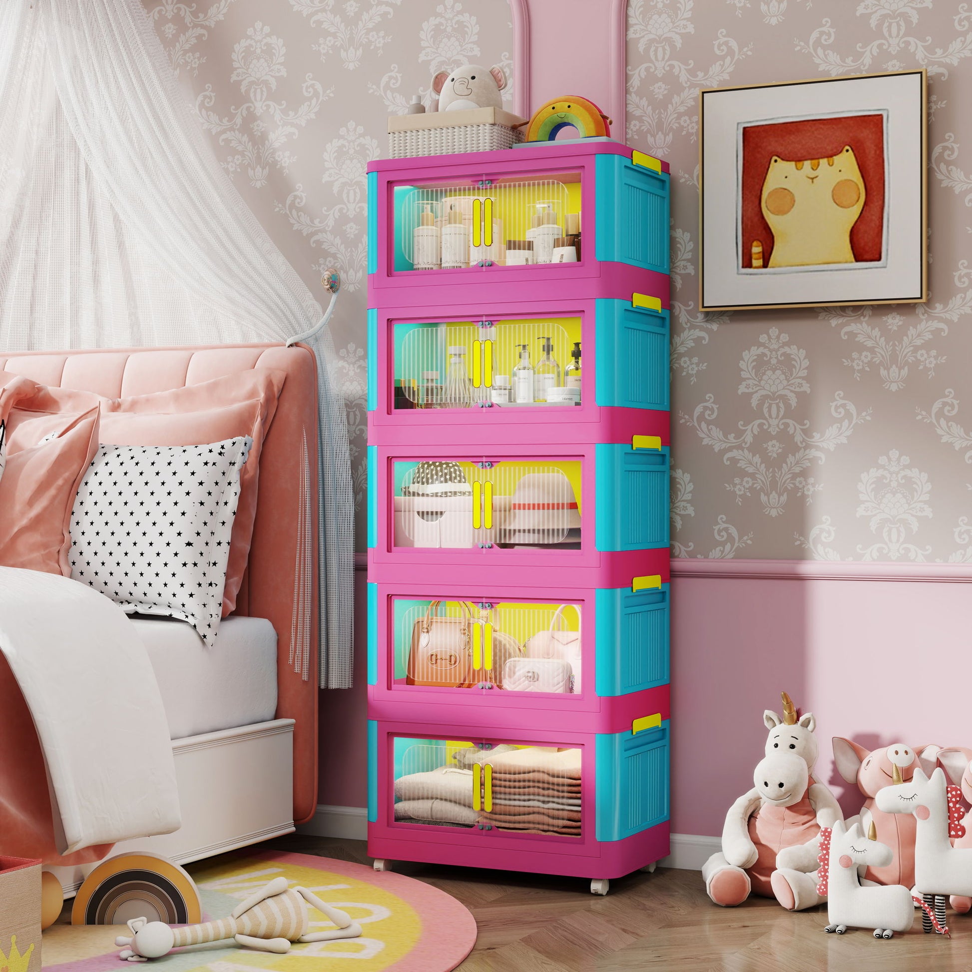 Folding Storage Cabinet With Magnetic Doors And Wheels Home Essentials