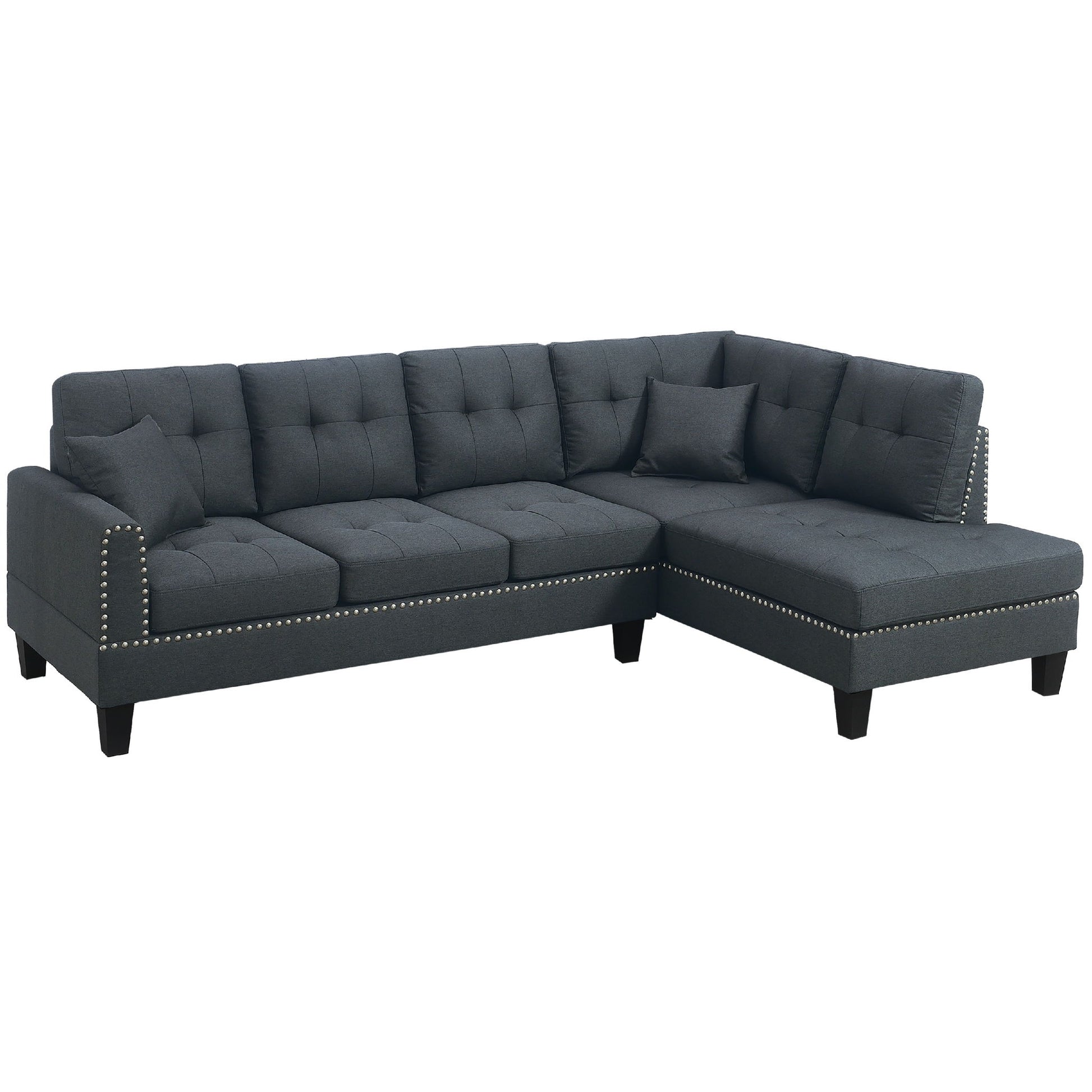 2 Piece Sectional Set With Nailhead Trim, Sofa And Matching Accent Pillows - Charcoal Home Essentials