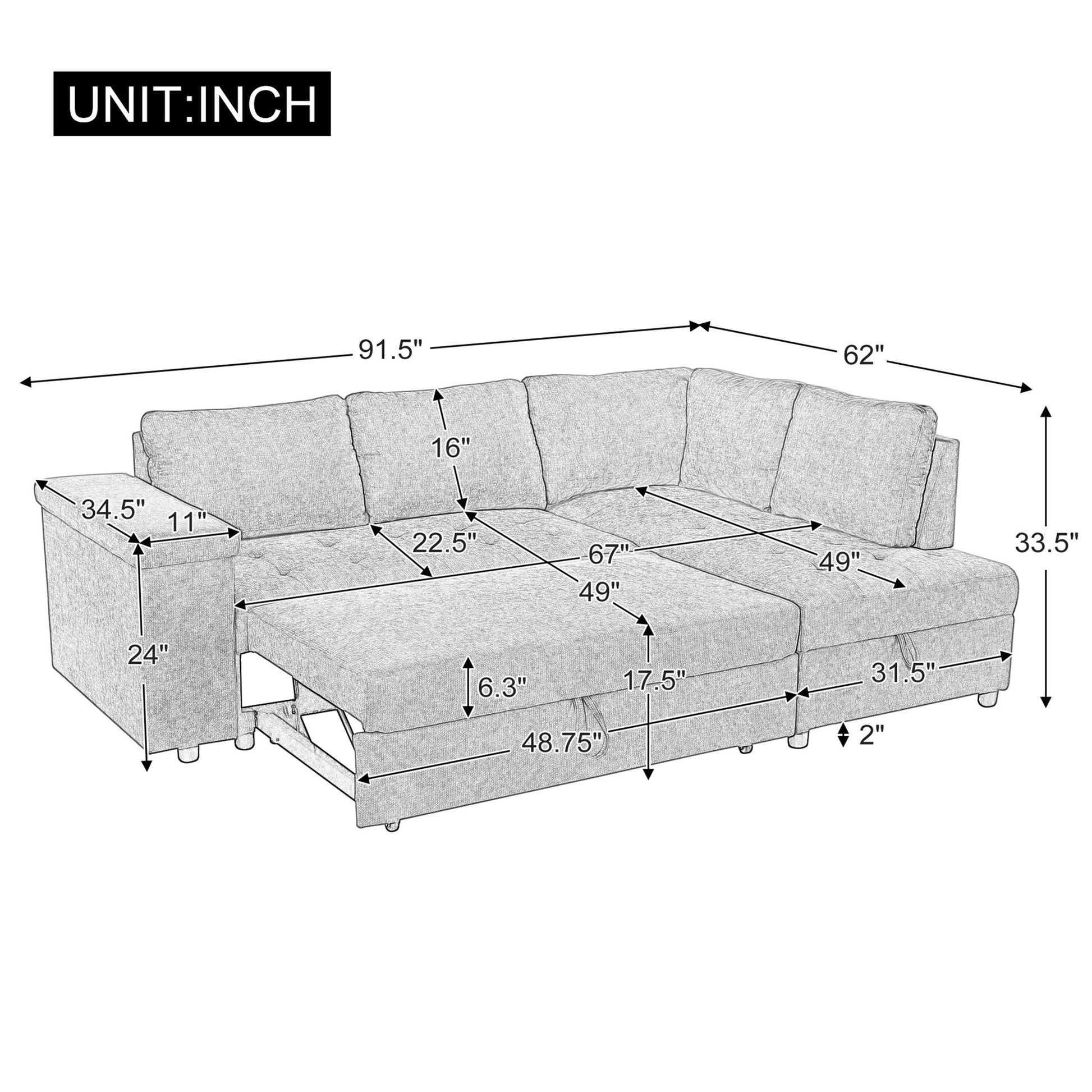 L Shaped Couch With Pull Out Bed And Storage Sectional Sleeper Sofa With Hidden Storage, Wide Armrest With Storage, For Living Room, Apartment, Bedroom, Office Noble House