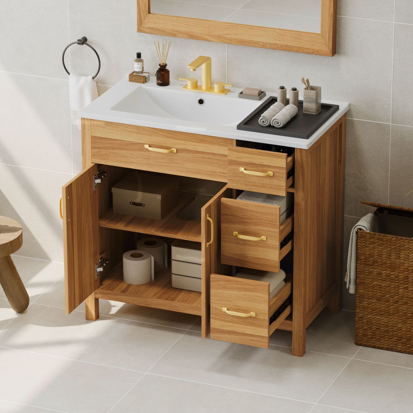 Bathroom Vanity, 2 Soft Close Doors, 3 Soft Close Drawers, Adjustable Shelf - Wood Hearth and Haven