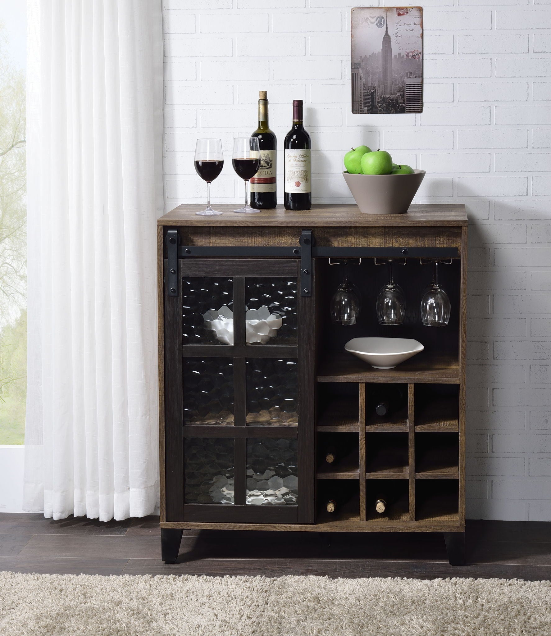 Treju Obscure - Glass, Rustic Wine Cabinet - Black / Oak Acme
