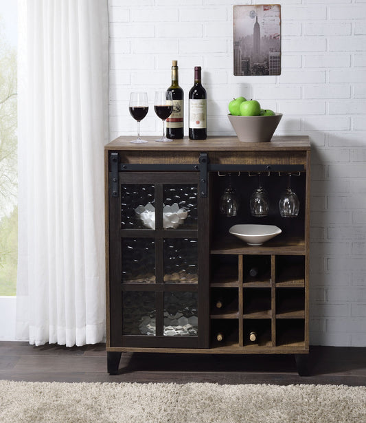 Treju Obscure - Glass, Rustic Wine Cabinet - Black / Oak Acme