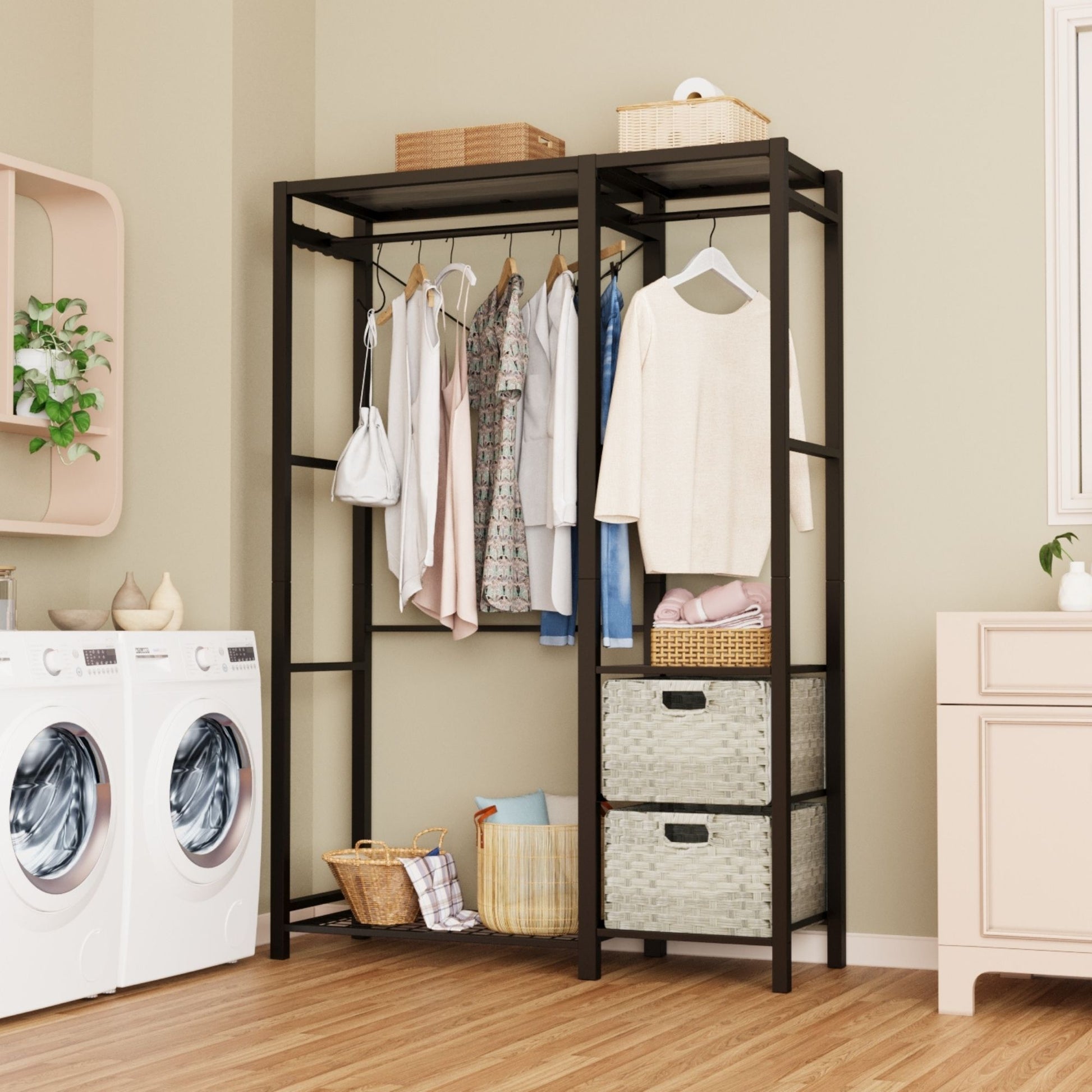 Garment Rack With Shelves, 2 Wicker Drawers, 4 Hooks, Organizer Daily Nest