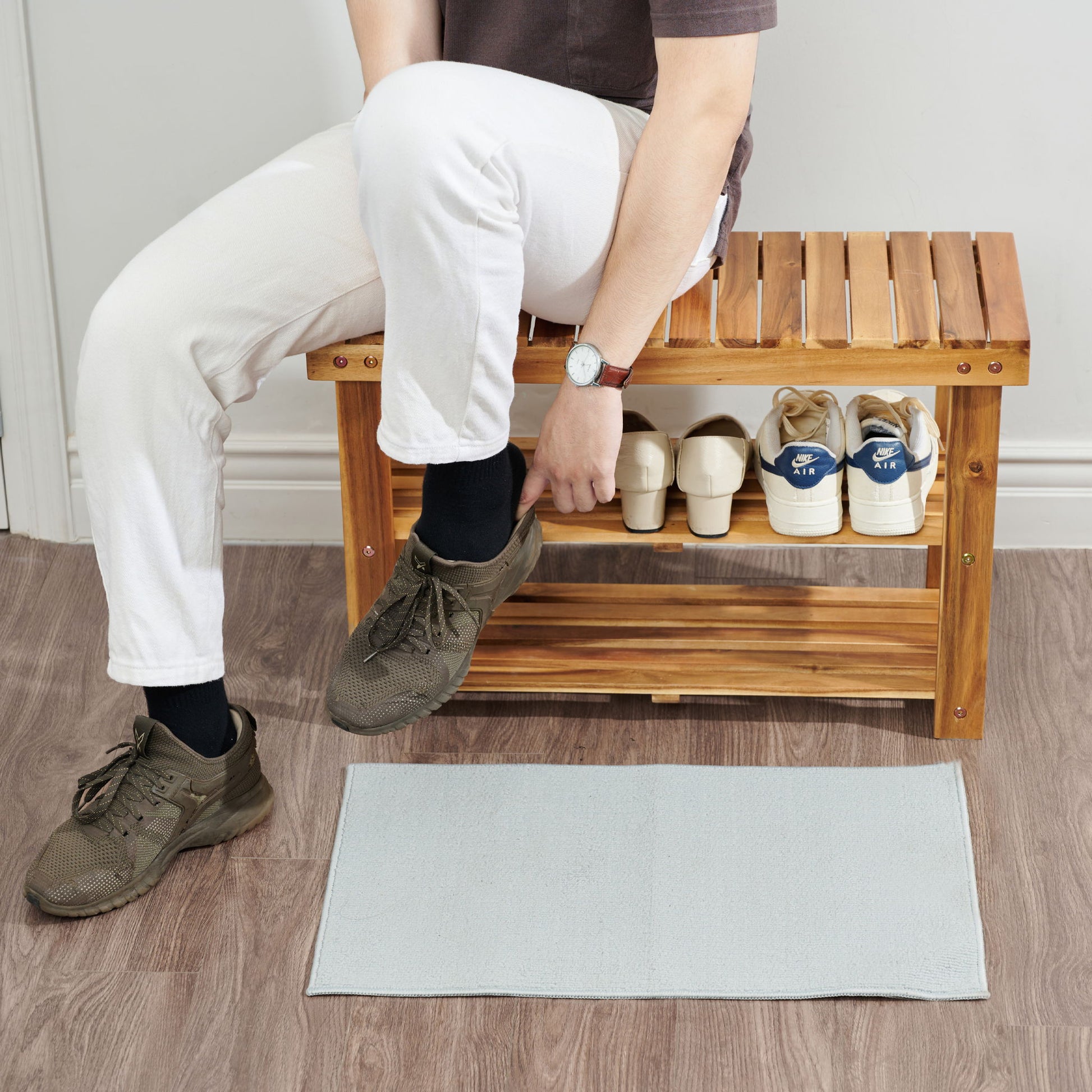Shoe Rack Bench, 2 Tier Organizer For Entryway - Acacia Wood Home Essentials