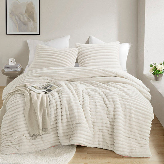 Avril - Full/Queen Fluffy Ribbed Plush Comforter Set - Ivory Super Listing