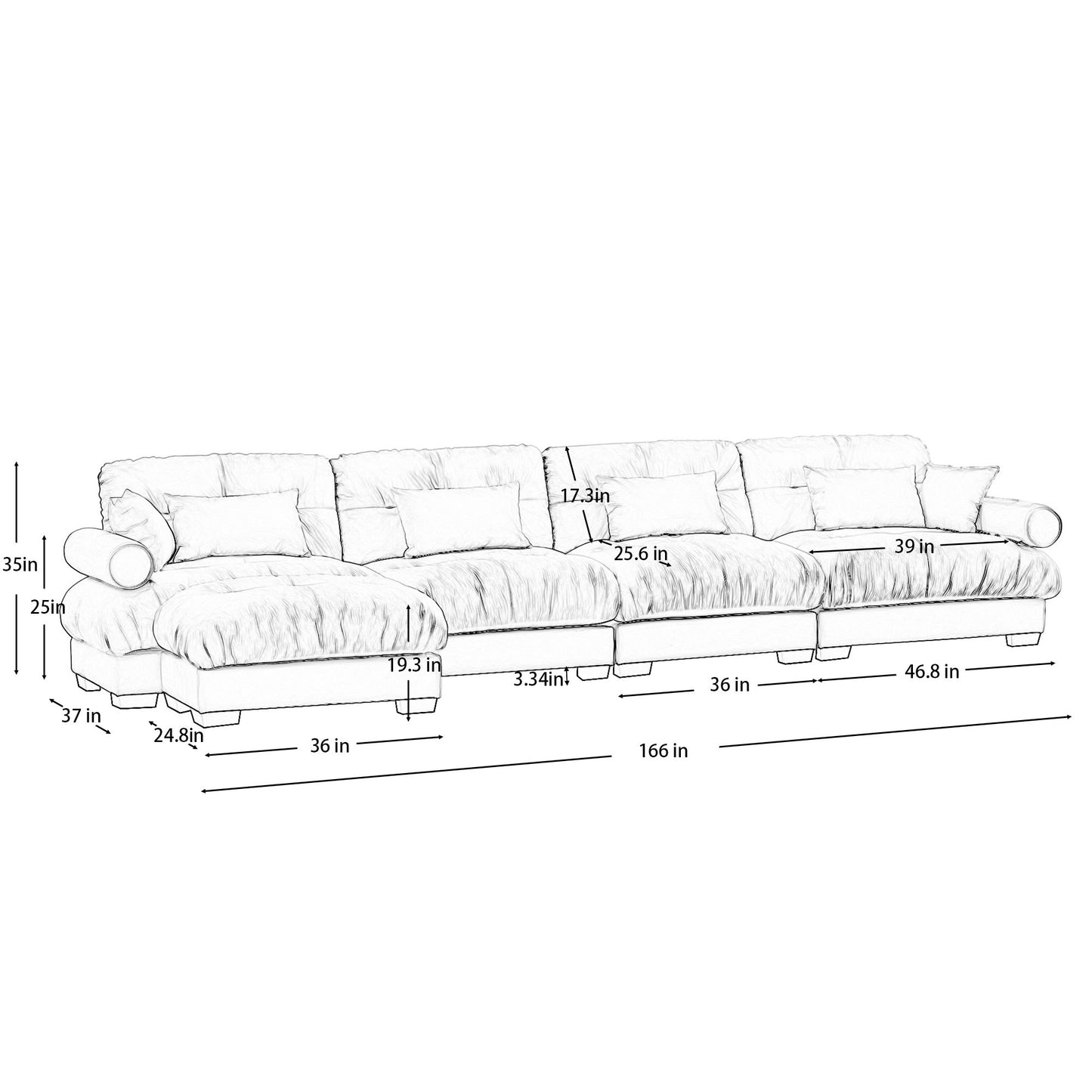 Modern Sectional Sofa With Ottoman, Round Bolster Armrests, Waist And Throw Pillows Home Essentials