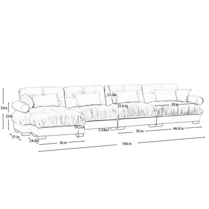 Modern Sectional Sofa With Ottoman, Round Bolster Armrests, Waist And Throw Pillows Home Essentials