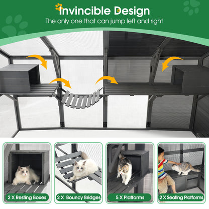 Luxury Cat Cage Outdoor Wooden Catio Enclosure Patio Large Cat Run House For Multiple Pets Walk In Kitten Kennel With Bouncy Bridge, Platforms, Small Houses, Seating And Sunshine Panel - Gray Daily Nest