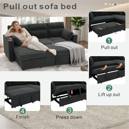 Convertible L - Shaped Sectional Sofa Bed With Storage Chaise, Cup Holders Home Essentials