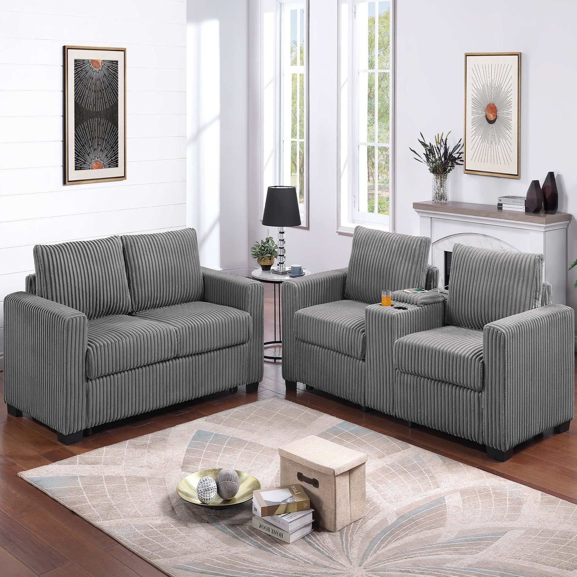 Modern Style 2 Piece Sofa Set With Cup Holders & Charging Port Home Essentials