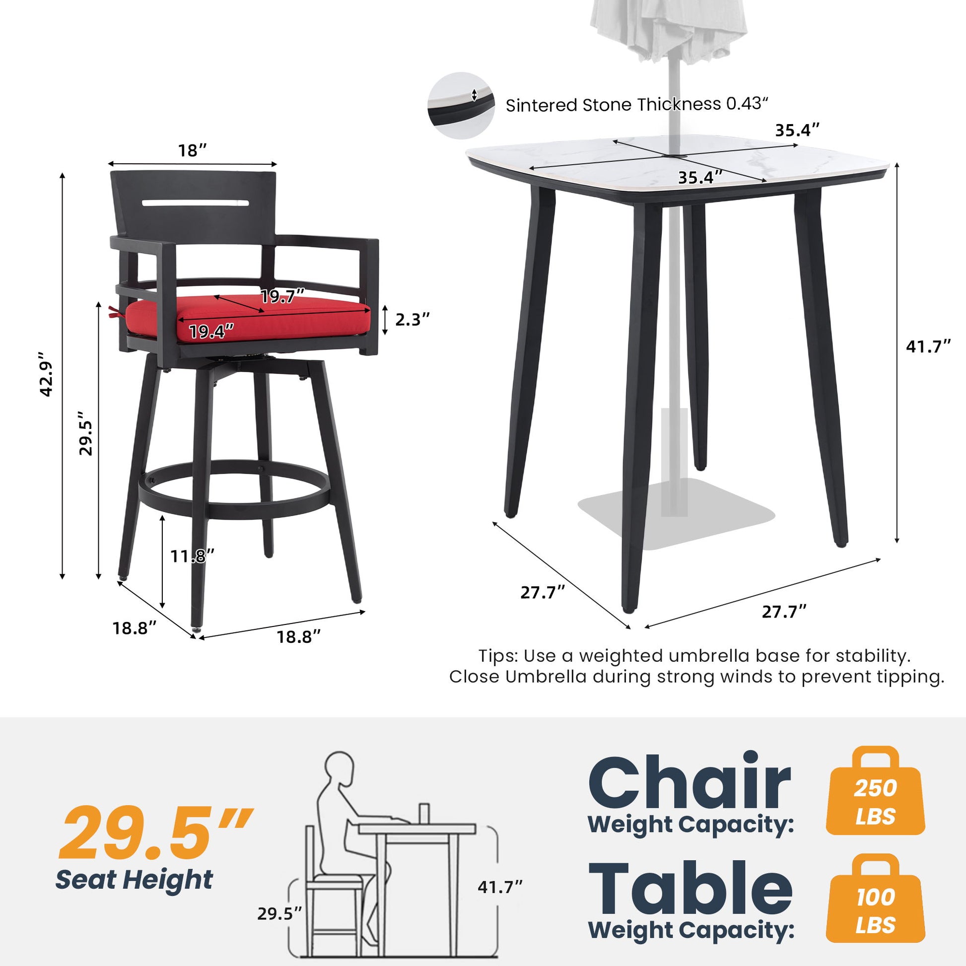 5 Pieces Outdoor Patio Bar Set, Rounded Square Sintered Stone Table & 4 Swivel Bar Chairs Life Outside