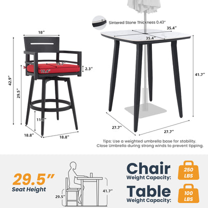 5 Pieces Outdoor Patio Bar Set, Rounded Square Sintered Stone Table & 4 Swivel Bar Chairs Life Outside