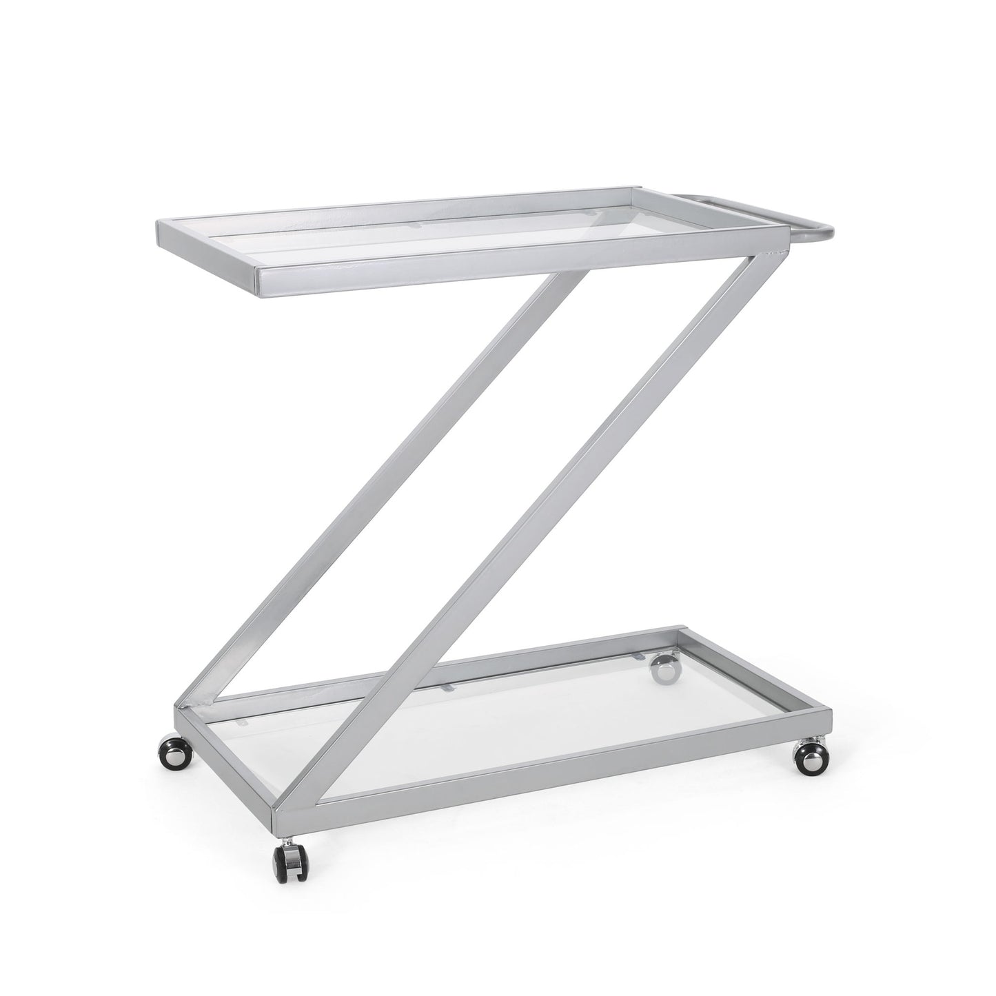 Modern Z Shaped Bar Cart With Tempered Glass Shelves - Silver Noble House