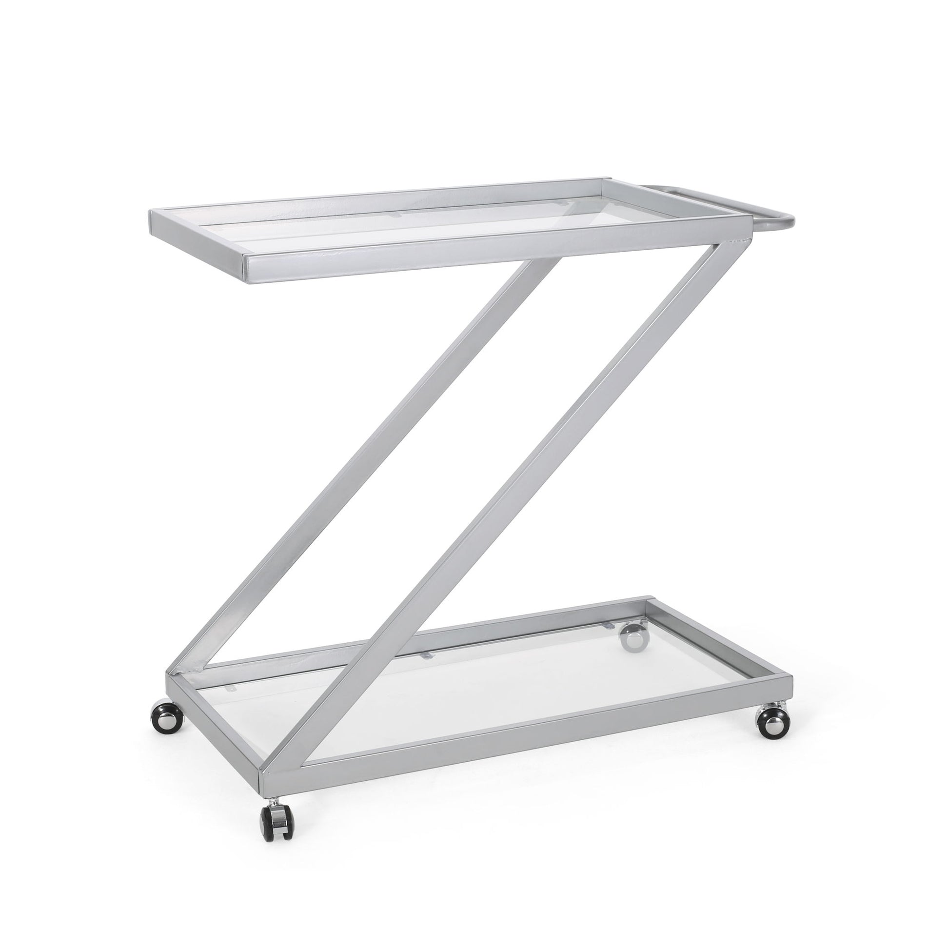 Modern Z Shaped Bar Cart With Tempered Glass Shelves - Silver Noble House