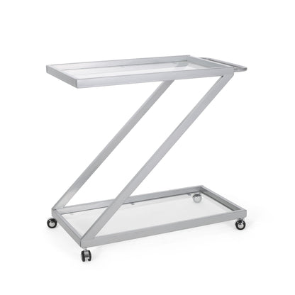 Modern Z Shaped Bar Cart With Tempered Glass Shelves - Silver Noble House