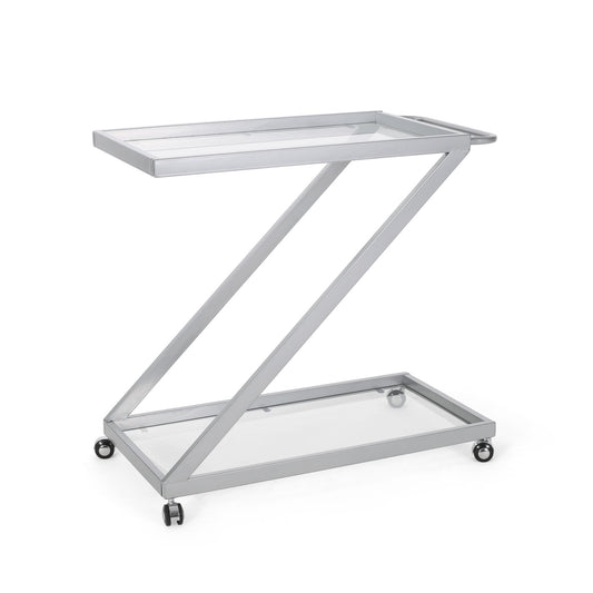 Modern Z Shaped Bar Cart With Tempered Glass Shelves - Silver Noble House