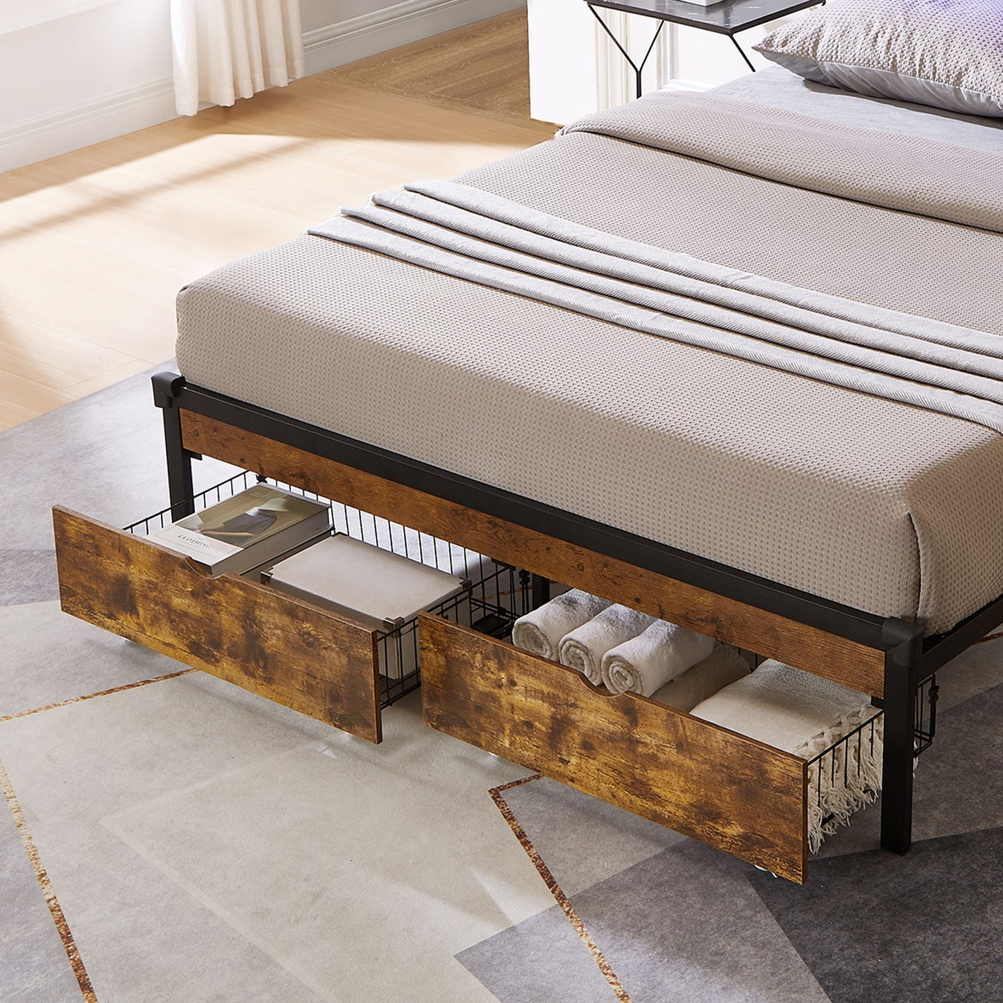 Modern Style Full Bed Drawers With Wheels Storage Solution - Brown / Black Home Essentials