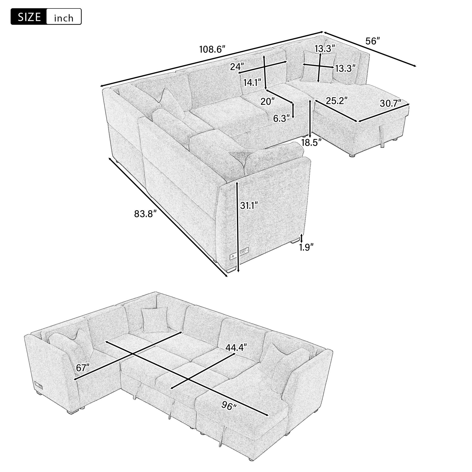 U-Shaped Sectional Sofa Pull Out Sofa Bed With Two USB Ports, Two Power Sockets, Three Back Pillows And A Storage Chaise For Living Room Hearth and Haven