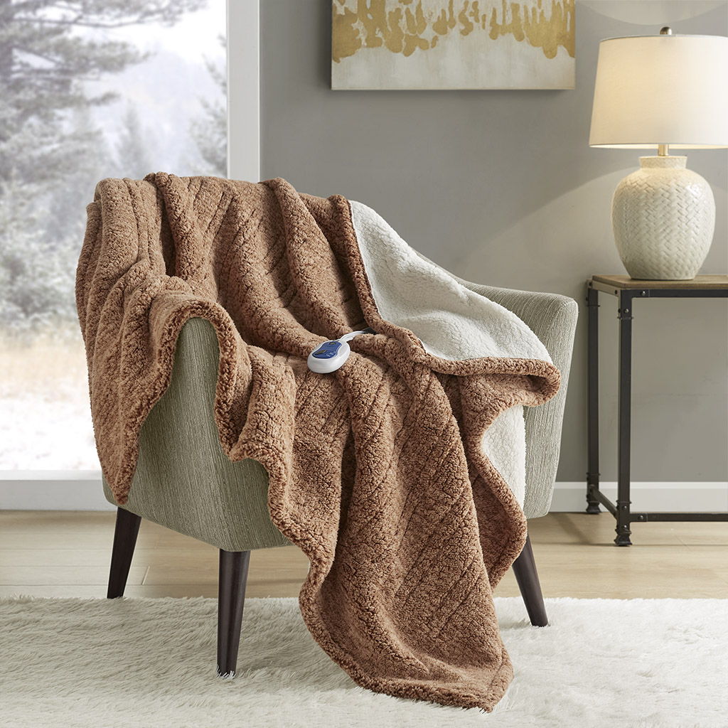 Marbled Sherpa - Heated Throw - Brown