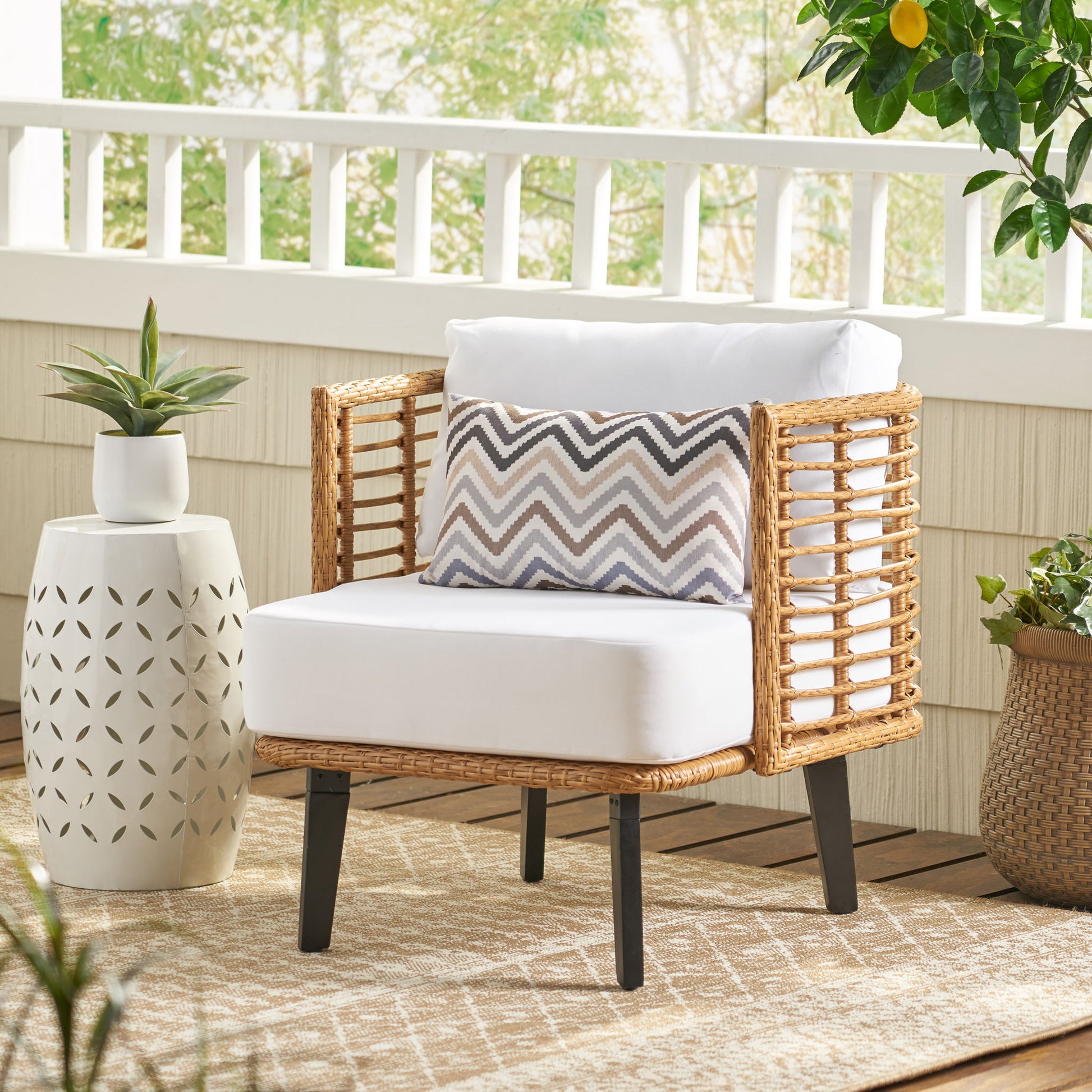 Outdoor Wicker Club Chair With Water Resistant Cushion - Brown Noble House