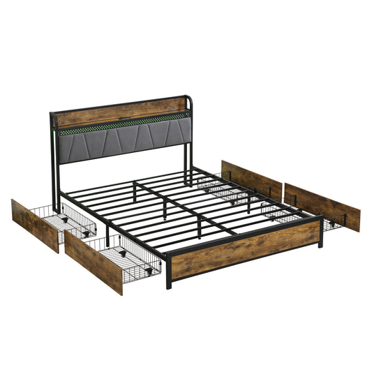 Contemporary Bed Frame With Storage Headboard, Charging Station, LED Lights Home Essentials