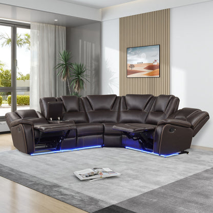 Modern Faux Leather Manual Reclining With Center Console And LED Light Strip, Living Room Furniture Set, PU Symmetrical Couch With 2 Cup Holders And Storage For Living Room Hearth and Haven