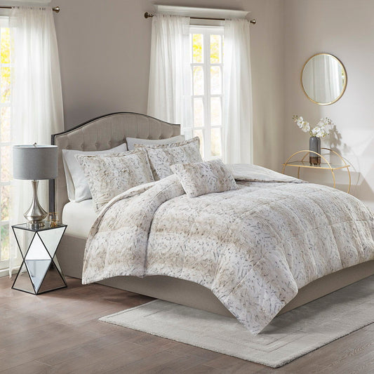 Zuri - 3 Piece Faux Fur Comforter Set - Snow Leopard