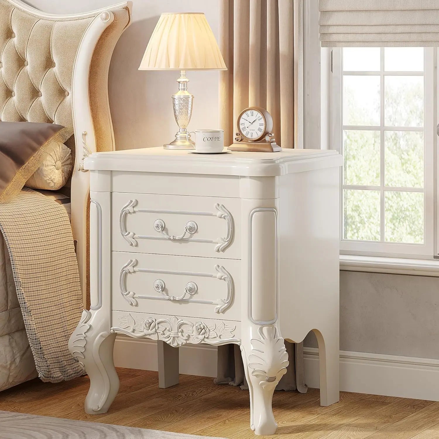 Carved Nightstand With 2 Drawers, Bedside Table - White Home Essentials