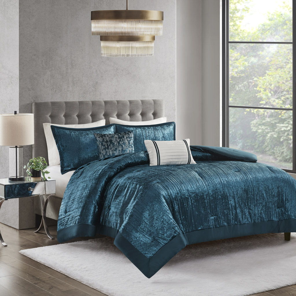 Lee - 5 Piece Crinkle Velvet Comforter Set - Teal