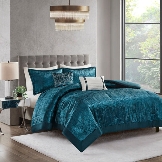 Lee - 5 Piece Crinkle Velvet Comforter Set - Blue