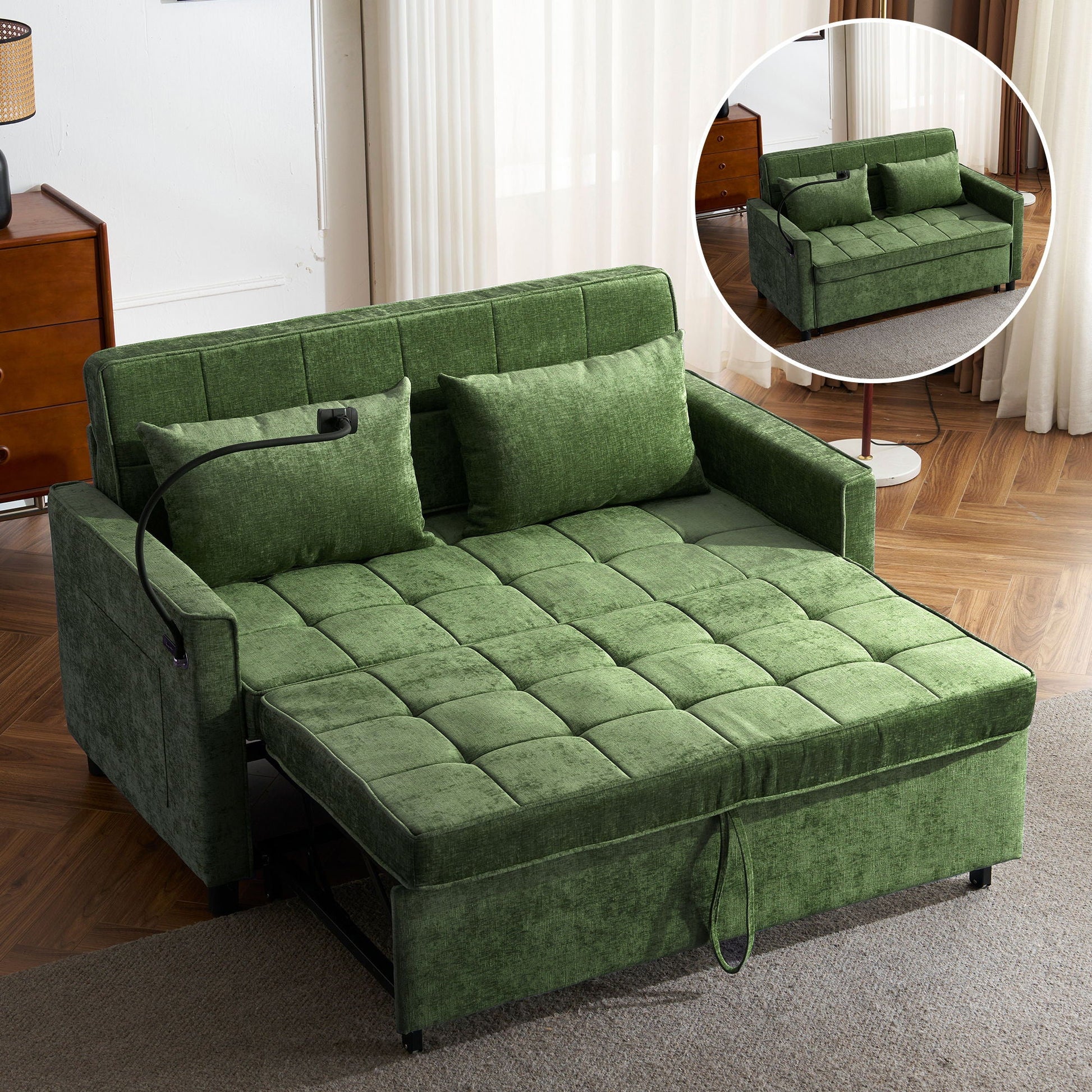 Loveseat Sofa Bed Sleeper With Reversible Backrest, Side Pockets, USB Ports, Phone Holder Hearth and Haven