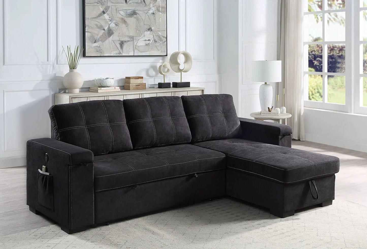 Toby - Woven Fabric Reversible Sleeper Sectional Sofa With Storage Chaise Cup Holder Charging Ports And Pockets Lilola Home