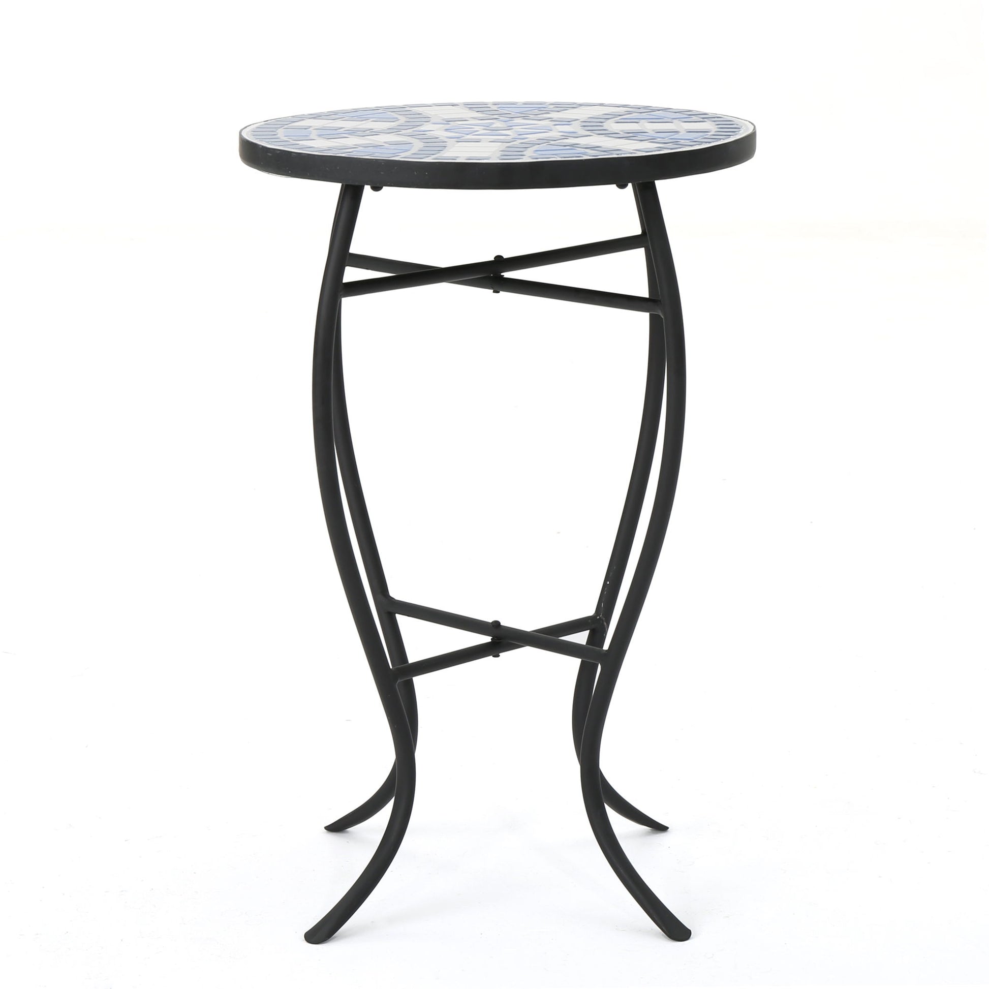 Outdoor Round Side Table With Mosaic Style Top And Curved Iron Legs - Blue / Matte Black Noble House