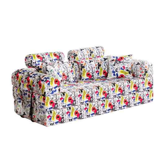 Pop Graffiti Printed Convertible Sleeper Sofa Bed, Foldable Multi Functional Couch For Living Room - White Home Essentials