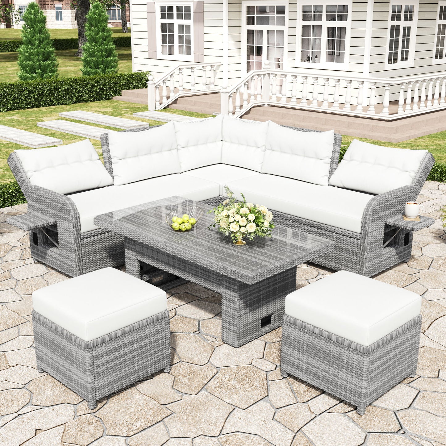 Outdoor Furniture Set Patio Rattan Furniture Set With Adjustable Table, Recliners With Extendable Side Tables And 2 Ottomans Hearth and Haven