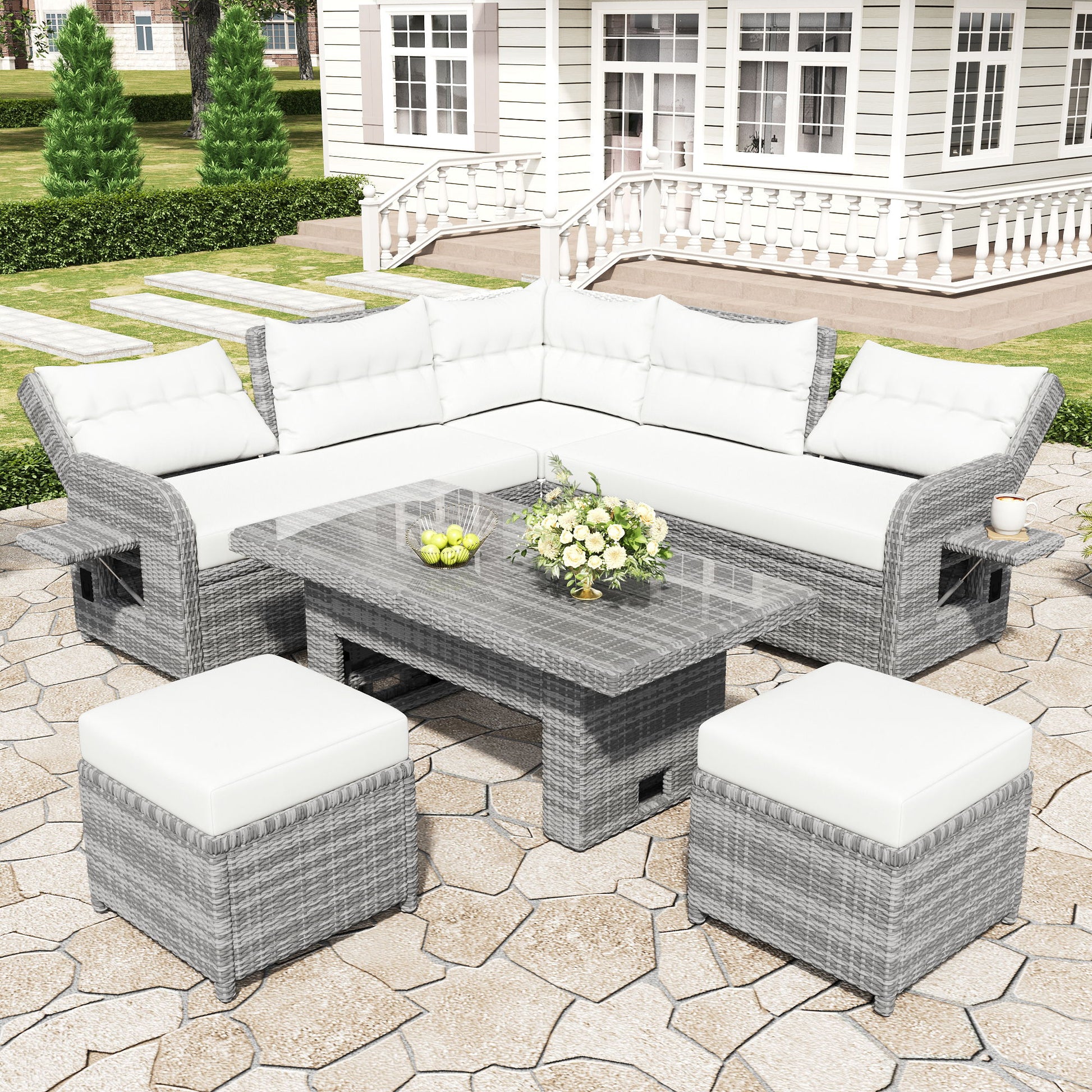 Outdoor Furniture Set Patio Rattan Furniture Set With Adjustable Table, Recliners With Extendable Side Tables And 2 Ottomans Hearth and Haven