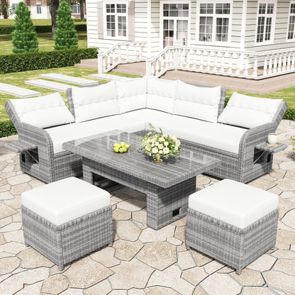 Outdoor Furniture Set Patio Rattan Furniture Set With Adjustable Table, Recliners With Extendable Side Tables And 2 Ottomans Hearth and Haven