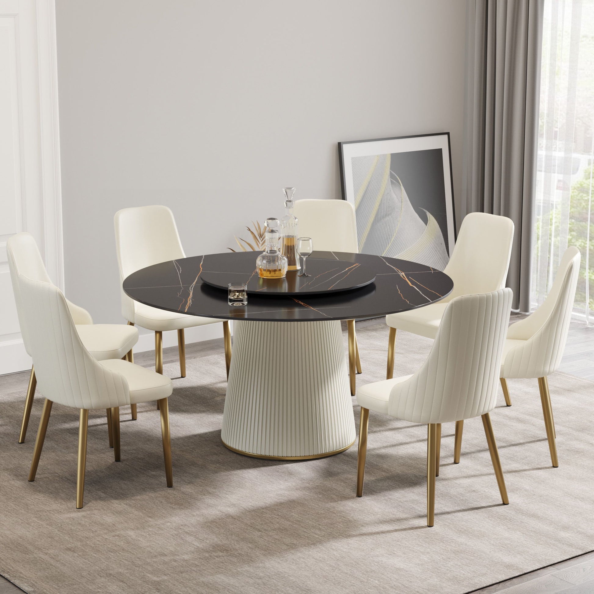 Modern Artificial Stone Round Plywood Base Dining Table, Can Accommodate 8 People Artificial Stone Turntable (Not Including Chairs) - Black / Beige Home Essentials