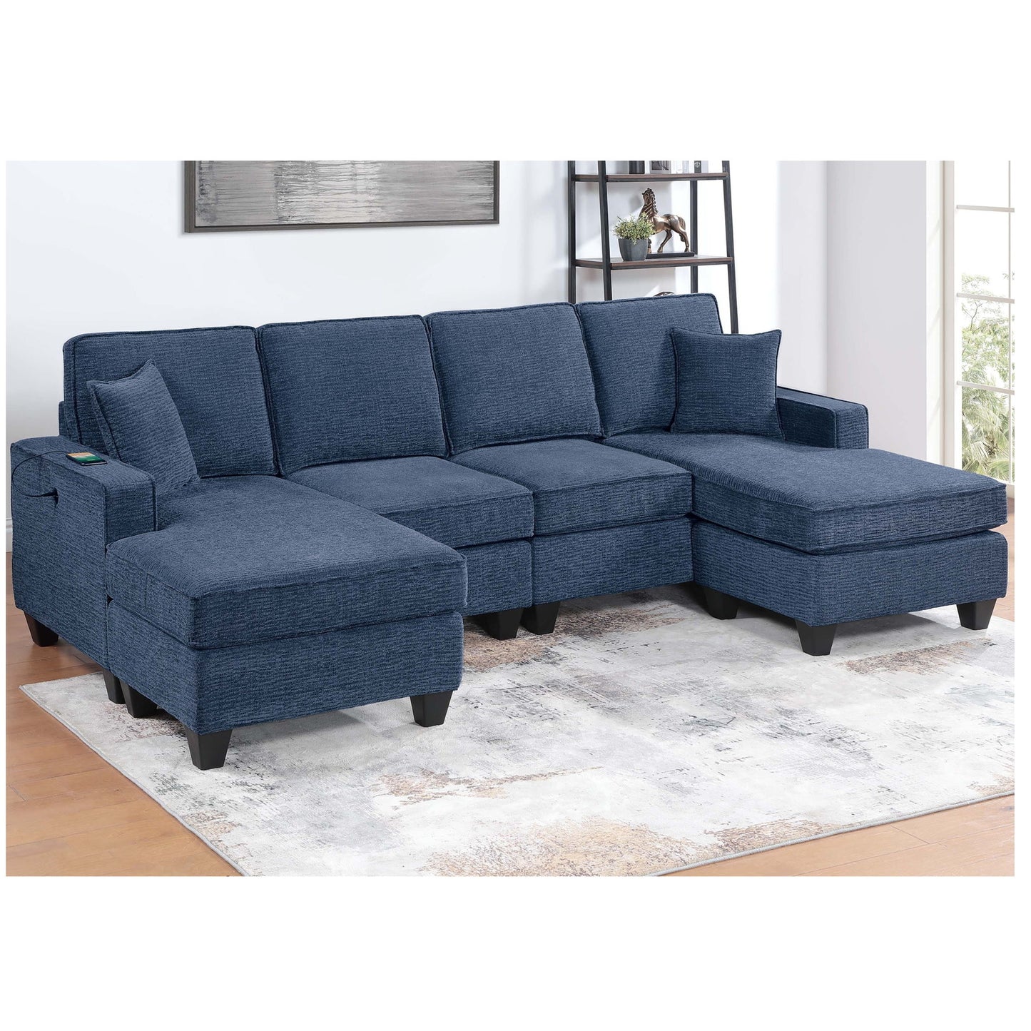 Sectional Set With USB Port Right Arm Chaise, Armless Loveseat, Left Arm Chaise, 3 Piece, Includes Matching Pillows - Dark Blue Home Essentials