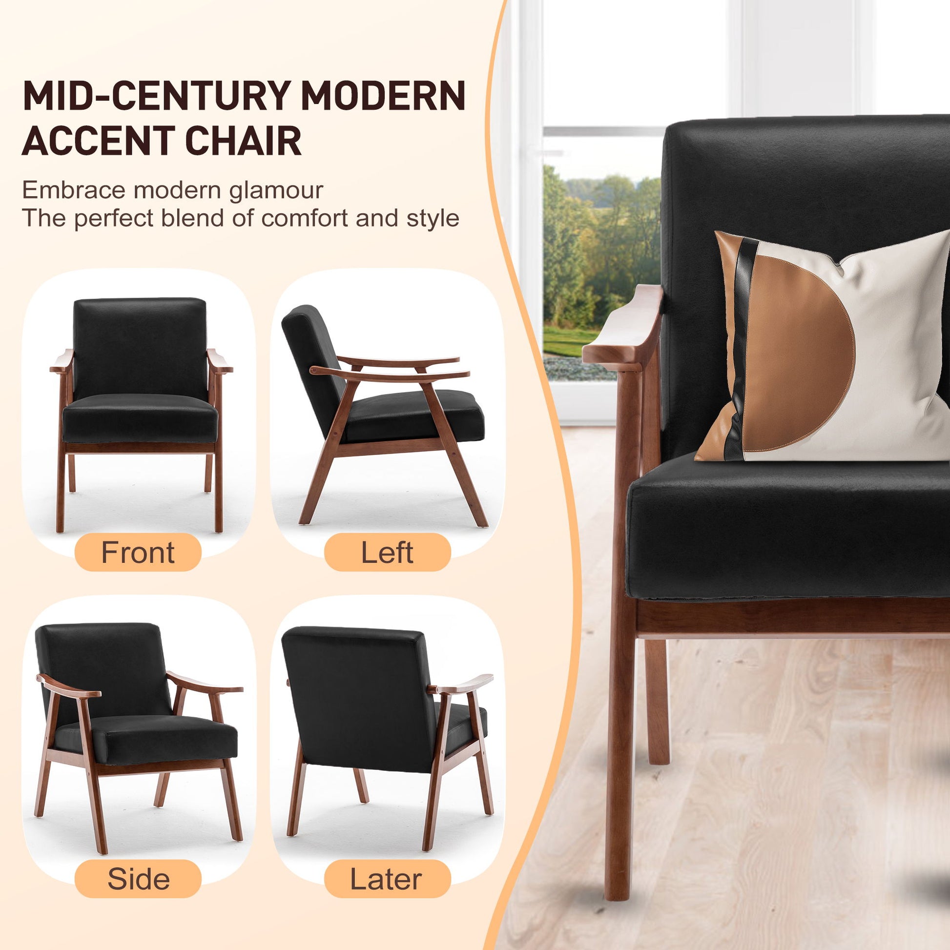 Mid Century Modern Accent Chair With Solid Wood Frame And Extra Thick Backrest Home Essentials