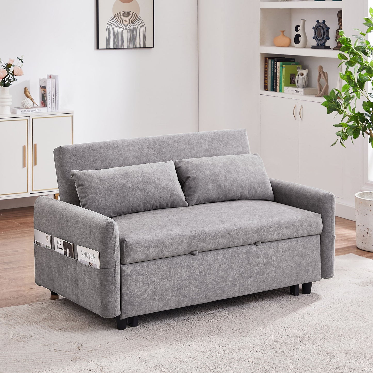 Pull Out Sleep Sofa Bed Loveseats Sofa Couch With Adjsutable Backrest, Storage Pockets, 2 Soft Pillows, USB Ports For Living Room, Bedroom, Apartment, Office Hearth and Haven