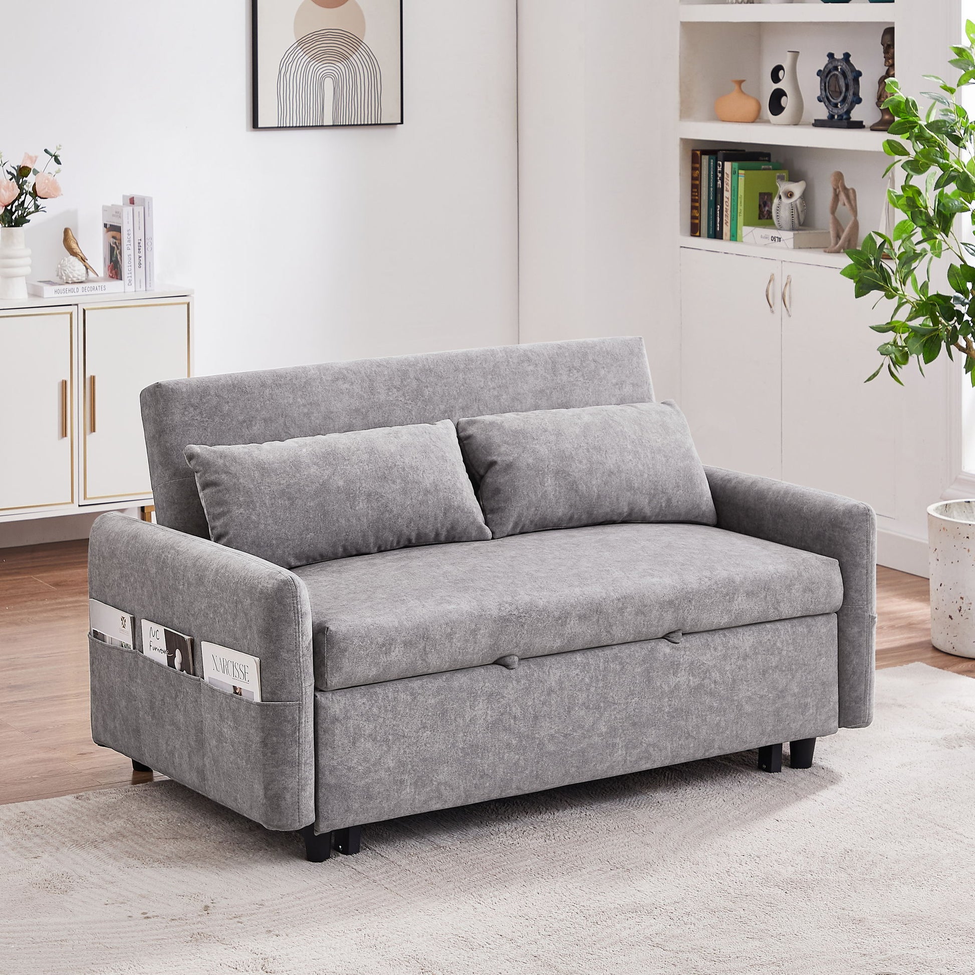 Pull Out Sleep Sofa Bed Loveseats Sofa Couch With Adjsutable Backrest, Storage Pockets, 2 Soft Pillows, USB Ports For Living Room, Bedroom, Apartment, Office Hearth and Haven