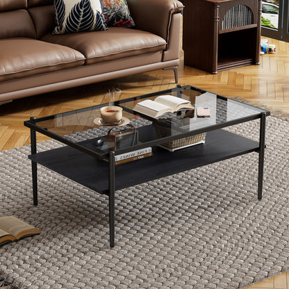 Rectangle Coffee Table With Tempered Glass Top And White Legs, Modern Table For Living Room Home Essentials