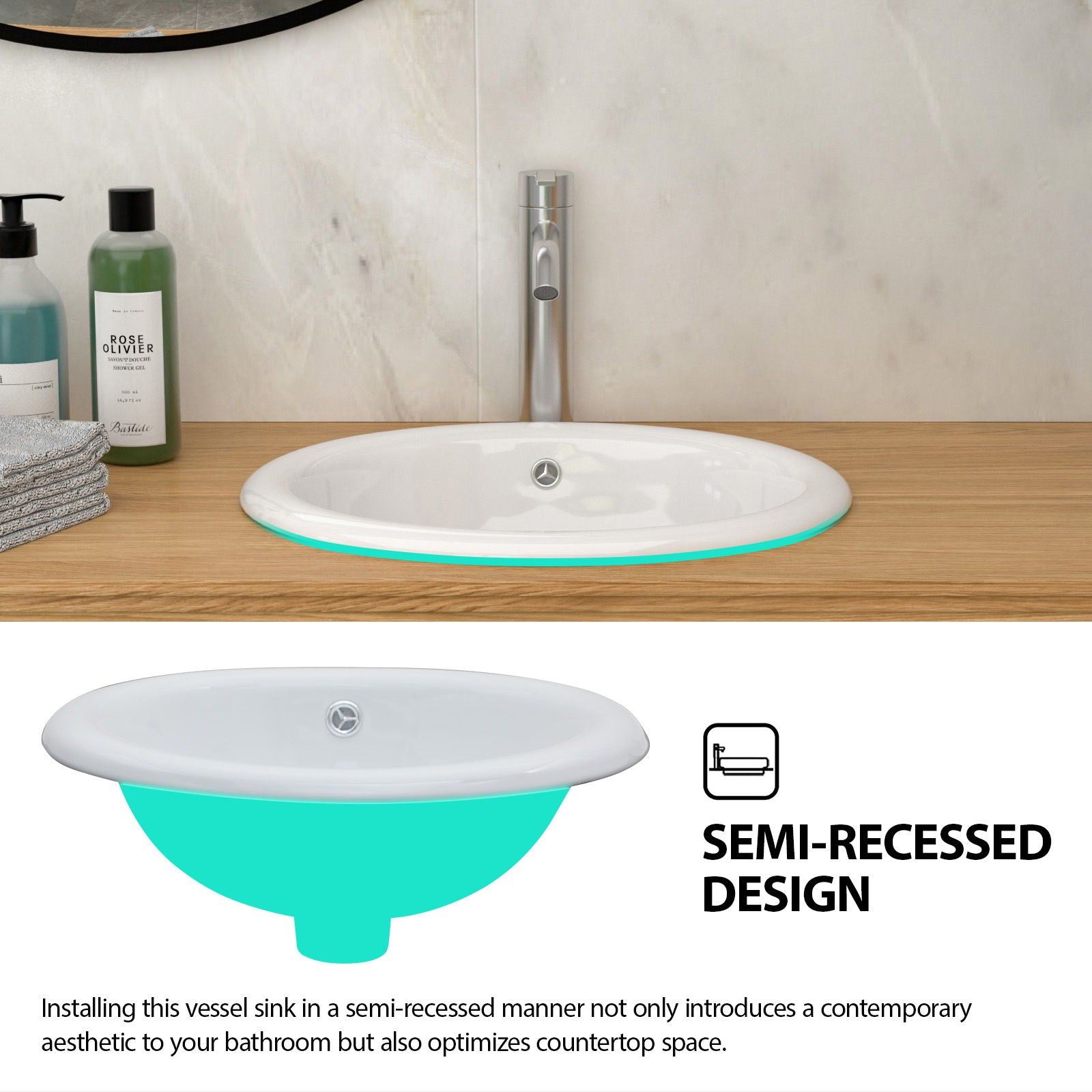 Semi Recessed Bathroom Sink With Countertop Vessel Design, 17" X 15.5" - White Daily Nest