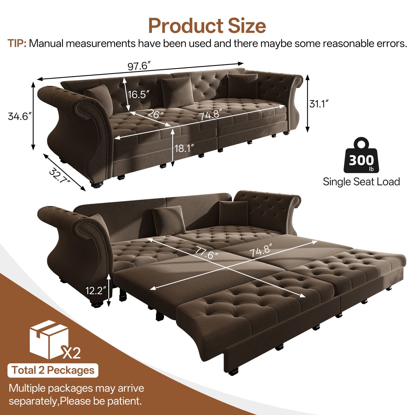 Oversized Chesterfield Pull Out Sofa Bed, Roll Arm Couch With Flower Tufting For Living Room Home Essentials