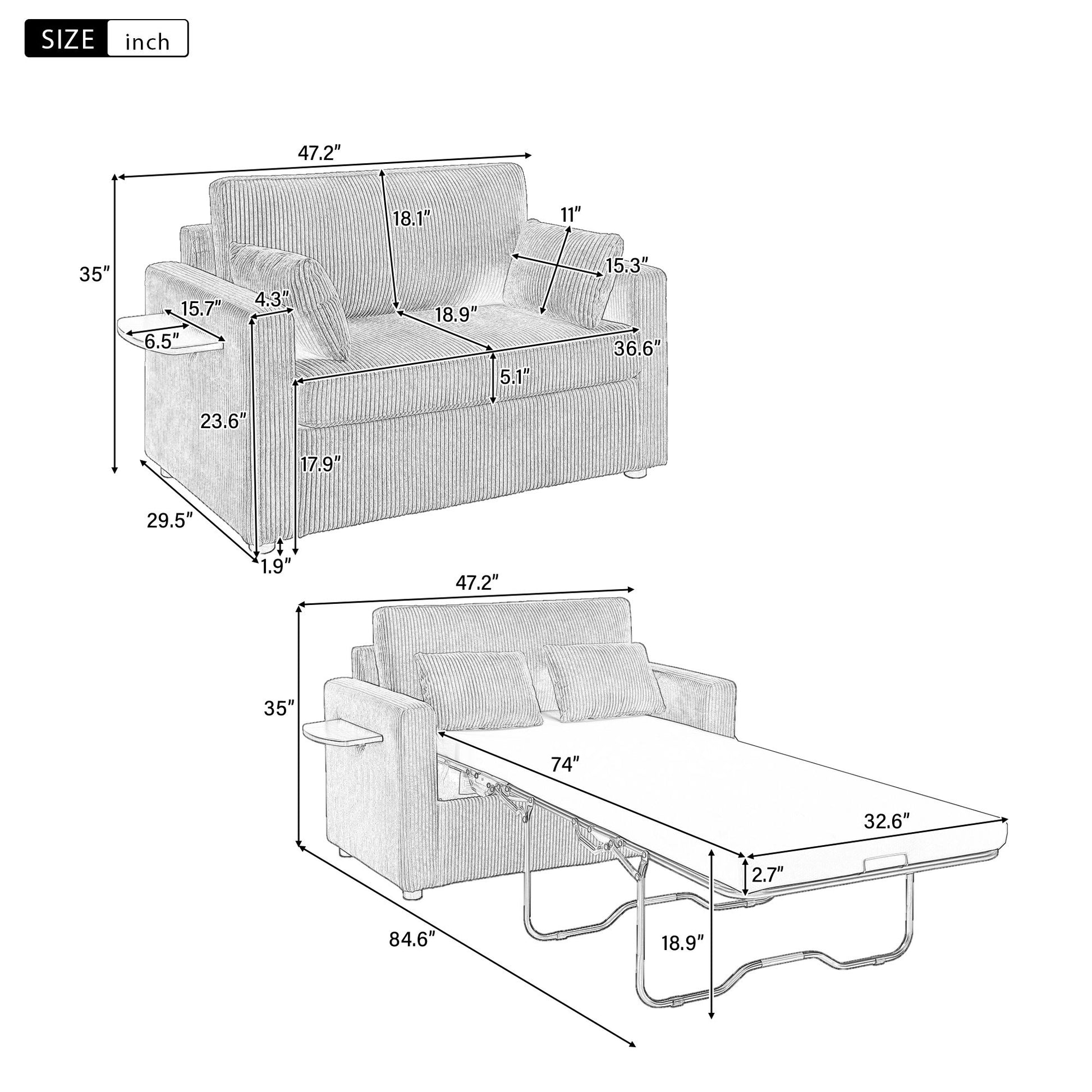 Sleeper Sofa With Foldable Mattress, USB Ports, Side Table & Storage Pocket Hearth and Haven