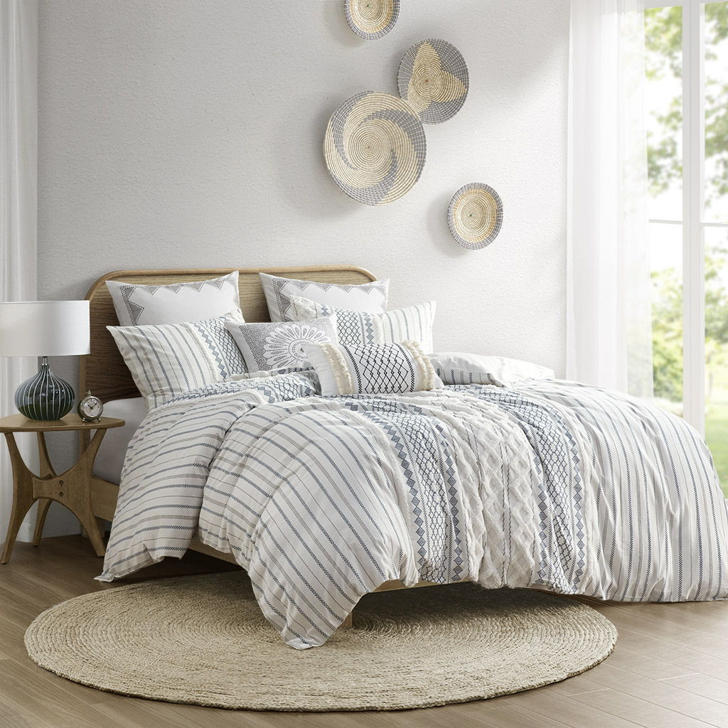 Imani - Cotton Printed Duvet Cover Set With Chenille - White/Navy