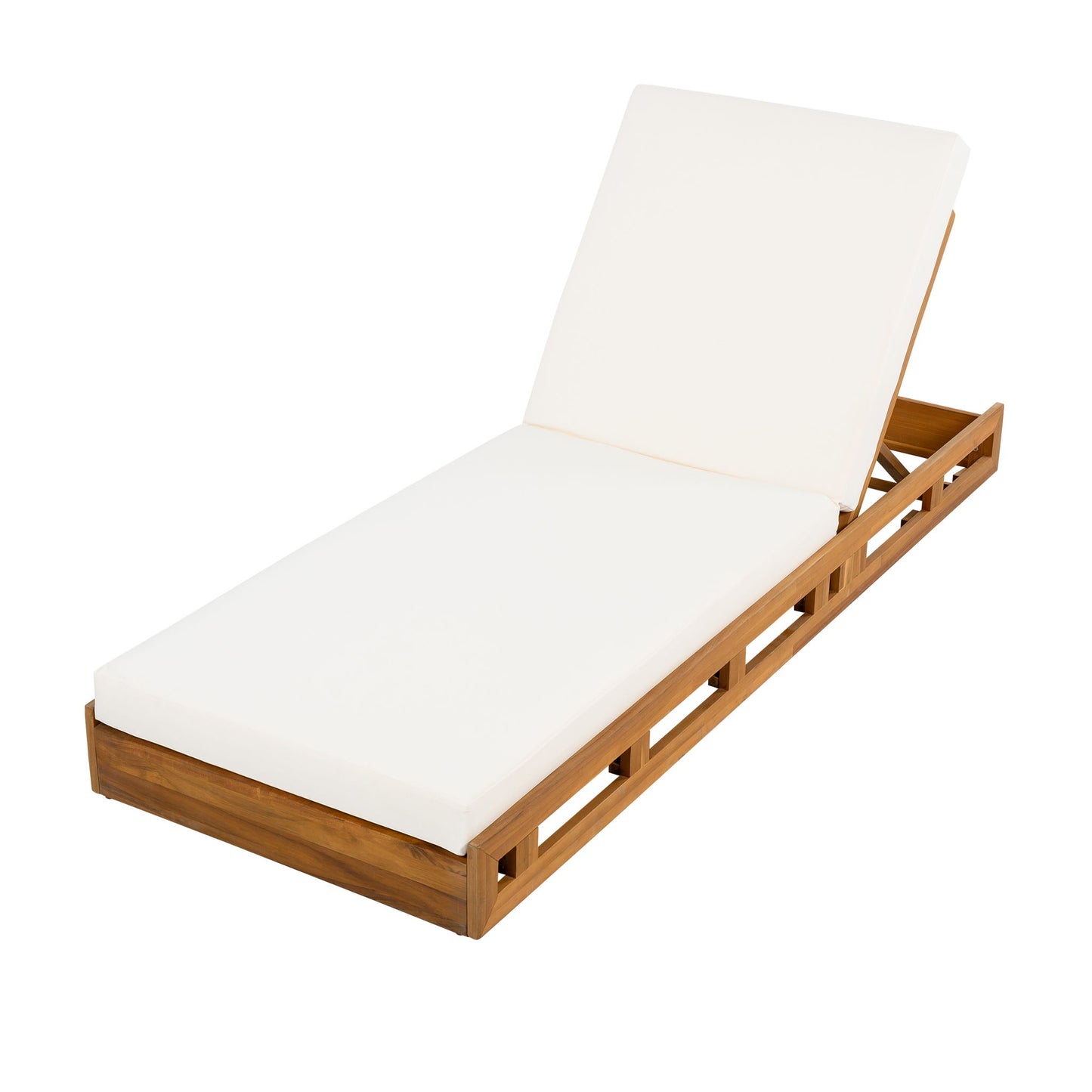 Premium Acacia Wood Lounge Chaise Set With Water Resistant Cushions, Adjustable Recline - Cream / Teak Noble House
