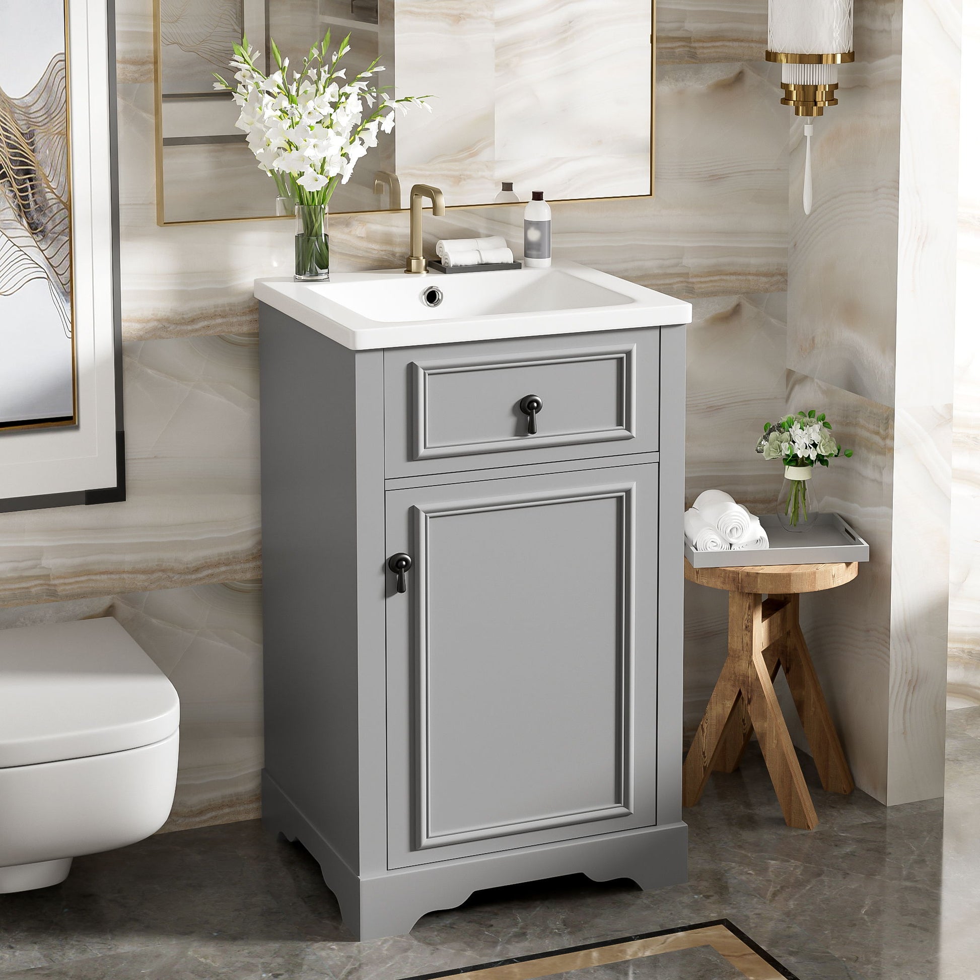 Elegant Bathroom Vanity With Ceramic Sink, Soft Close Door, Adjustable Shelf Hearth and Haven